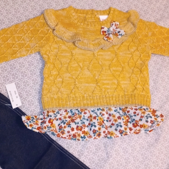 Little Lass 2 PC Yellow Lurex Floral Cable Sweater/Denim Leggings 2T - Picture 1 of 7